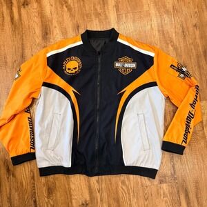 Bomber Jacket HD Motorcycle Mens Willie G Skull Orange Black White XL